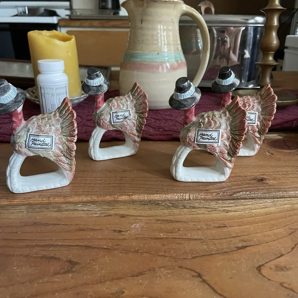 Vintage 1990 Fitz & Floyd Turkey Napkin Ring Holders Pilgrim Progress NOS
